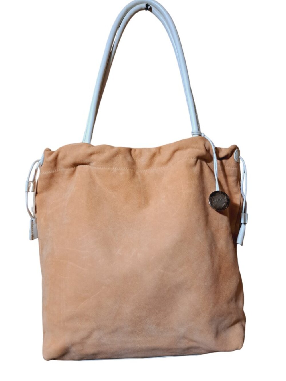 Furla Women's Tan Suede White Leather Trim Drawstring Shoulder Purse Bag
